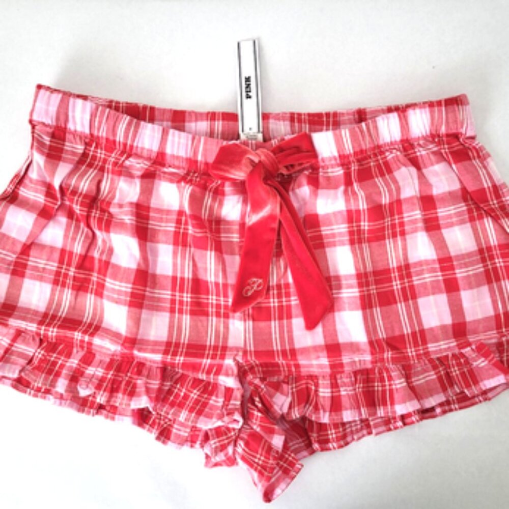 PINK by Victoria's Secret Pink & Red Plaid Ruffle Lounge Shorts Large